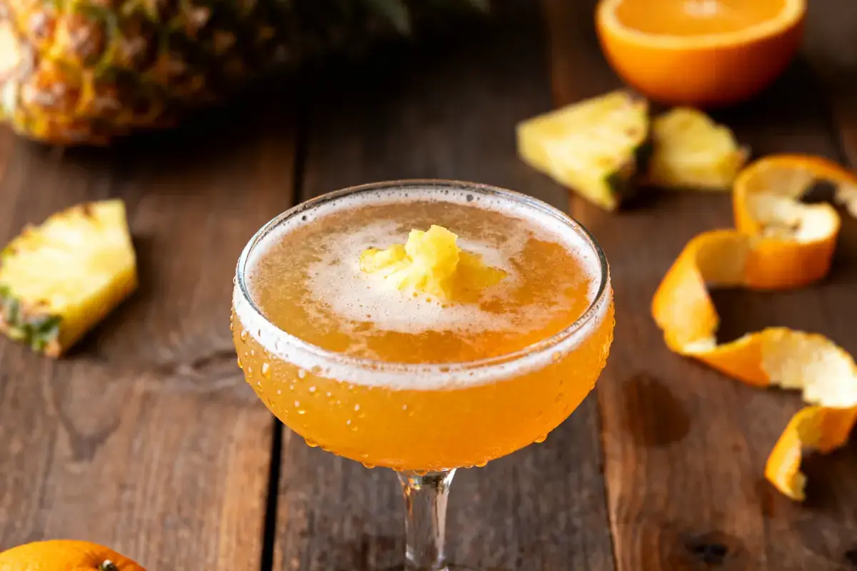 Cocktail orange avec garniture d'ananas, bois, écorces et morceaux d'ananas et orange en arrière-plan.