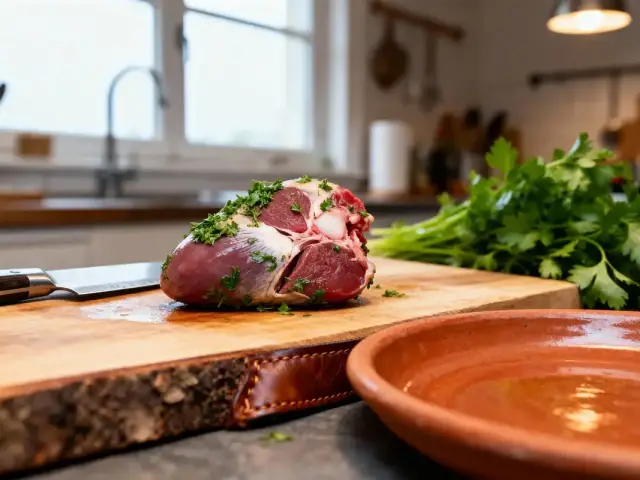Morceau de viande et persil frais sur planche à découper en bois, cuisine moderne en arrière-plan.