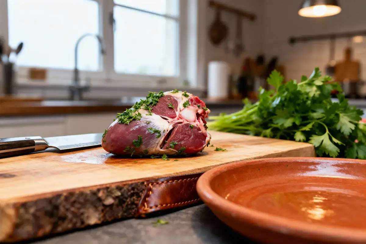Morceau de viande et persil frais sur planche à découper en bois, cuisine moderne en arrière-plan.