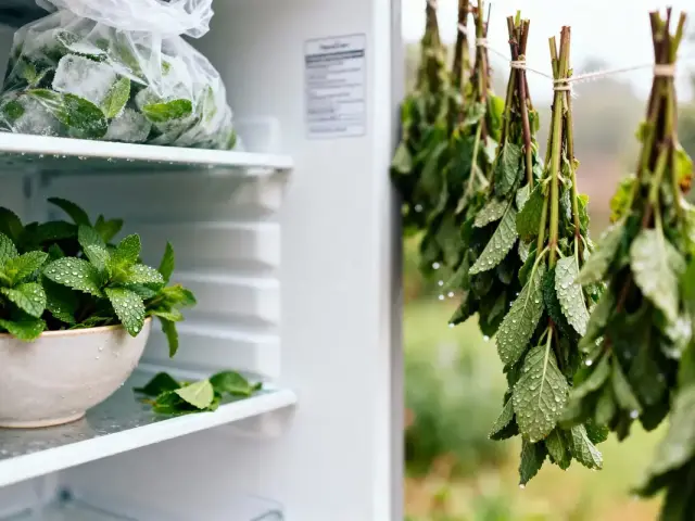 Menthe fraîche dans bol, congélateur et feuilles sur corde à linge, gouttes d'eau visibles.