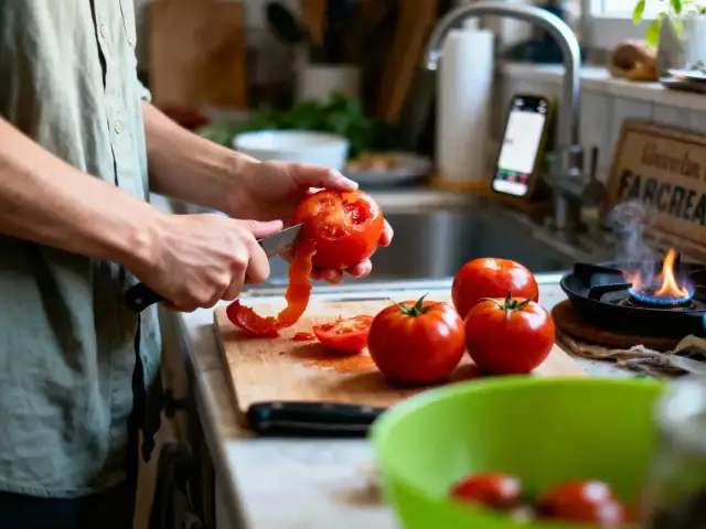 Personne épluchant une tomate sur une planche à découper, cuisine avec des tomates, couteau, feu allumé.