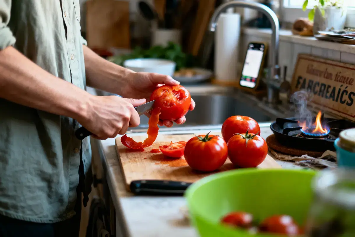 Personne épluchant une tomate sur une planche à découper, cuisine avec des tomates, couteau, feu allumé.