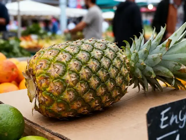 Ananas et agrumes sur étalage de marché, arrière-plan flou avec clients.