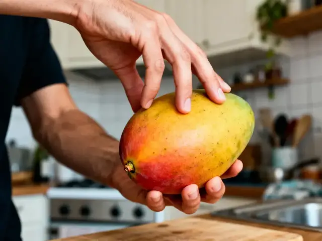 Main tenant une mangue mûre dans une cuisine, plan de travail en bois en arrière-plan.
