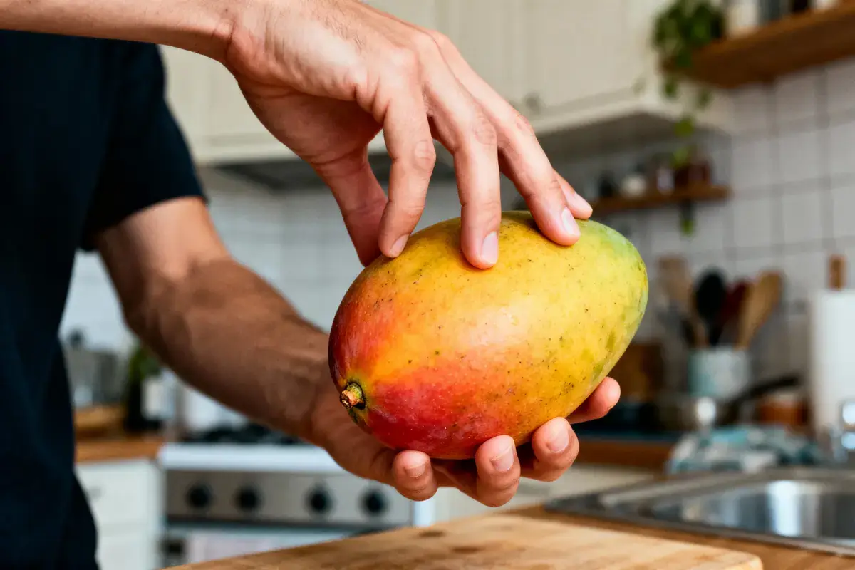 Main tenant une mangue mûre dans une cuisine, plan de travail en bois en arrière-plan.