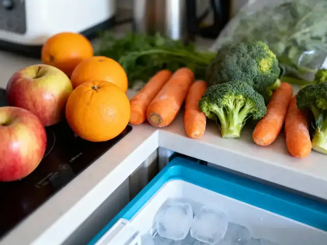 Pommes, oranges, carottes, brocolis sur un comptoir de cuisine, à côté de glaçons.