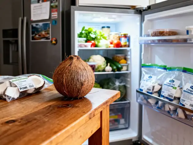 Table en bois avec noix de coco, réfrigérateur ouvert avec légumes et produits emballés.