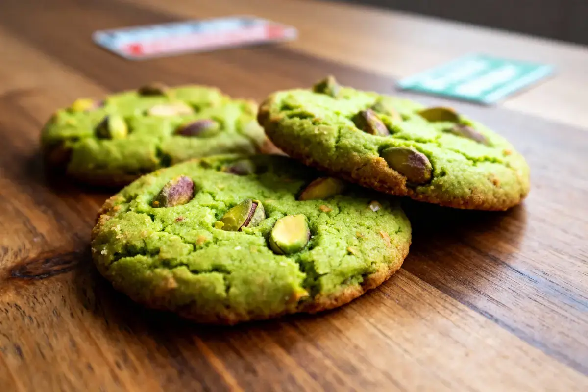 Cookies verts aux pistaches sur table en bois, éclairage naturel.