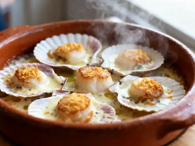 Coquilles Saint-Jacques gratinées dans un plat en terre cuite, garnies de chapelure dorée et légèrement fumantes.