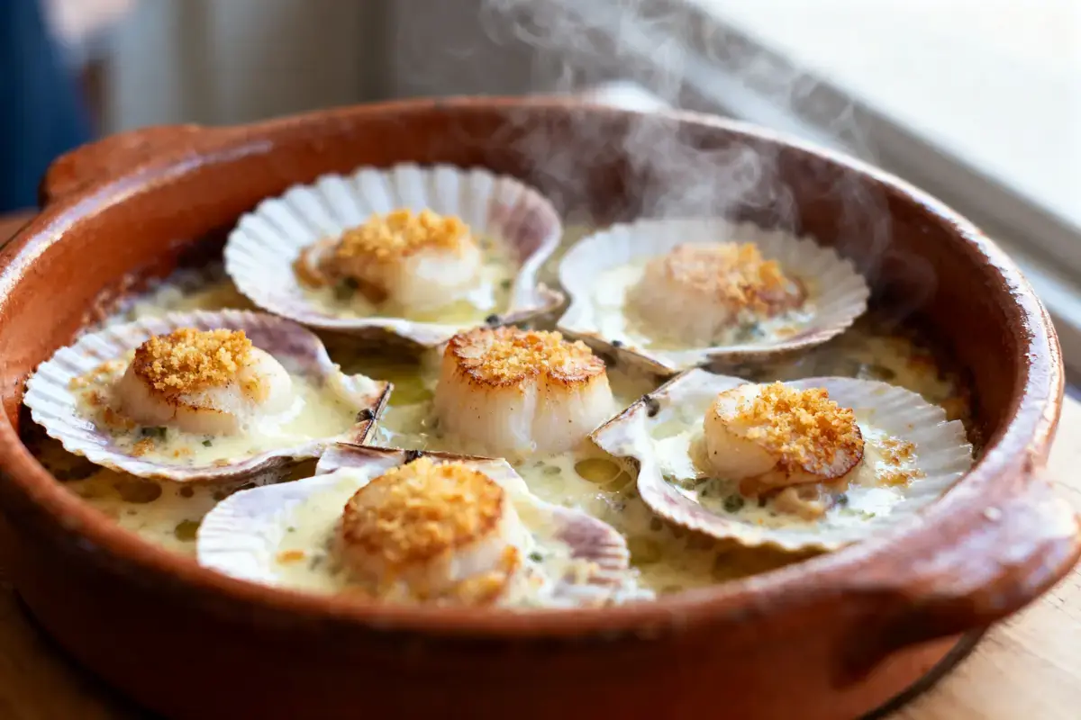 Coquilles Saint-Jacques gratinées dans un plat en terre cuite, garnies de chapelure dorée et légèrement fumantes.