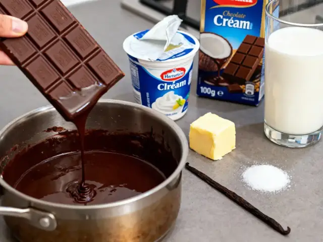 Tablette de chocolat fondue dans casserole, avec crème, beurre, lait, sucre, et gousse de vanille à proximité.