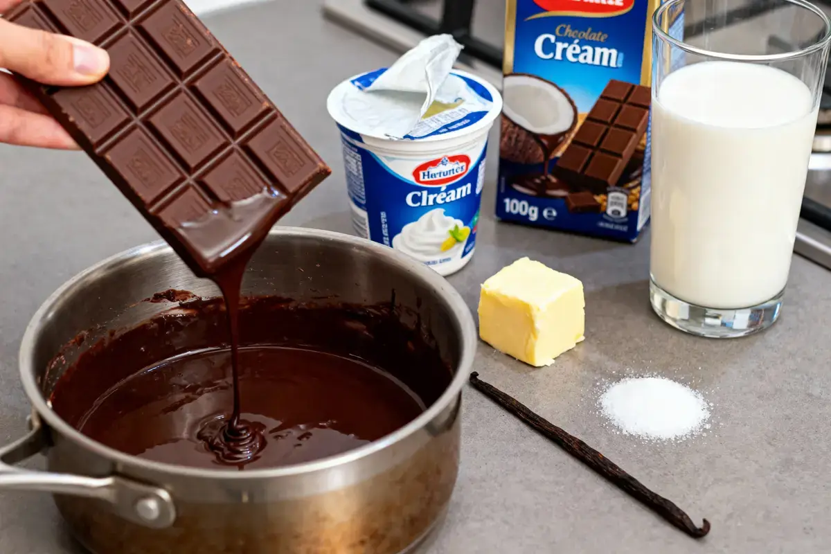 Tablette de chocolat fondue dans casserole, avec crème, beurre, lait, sucre, et gousse de vanille à proximité.