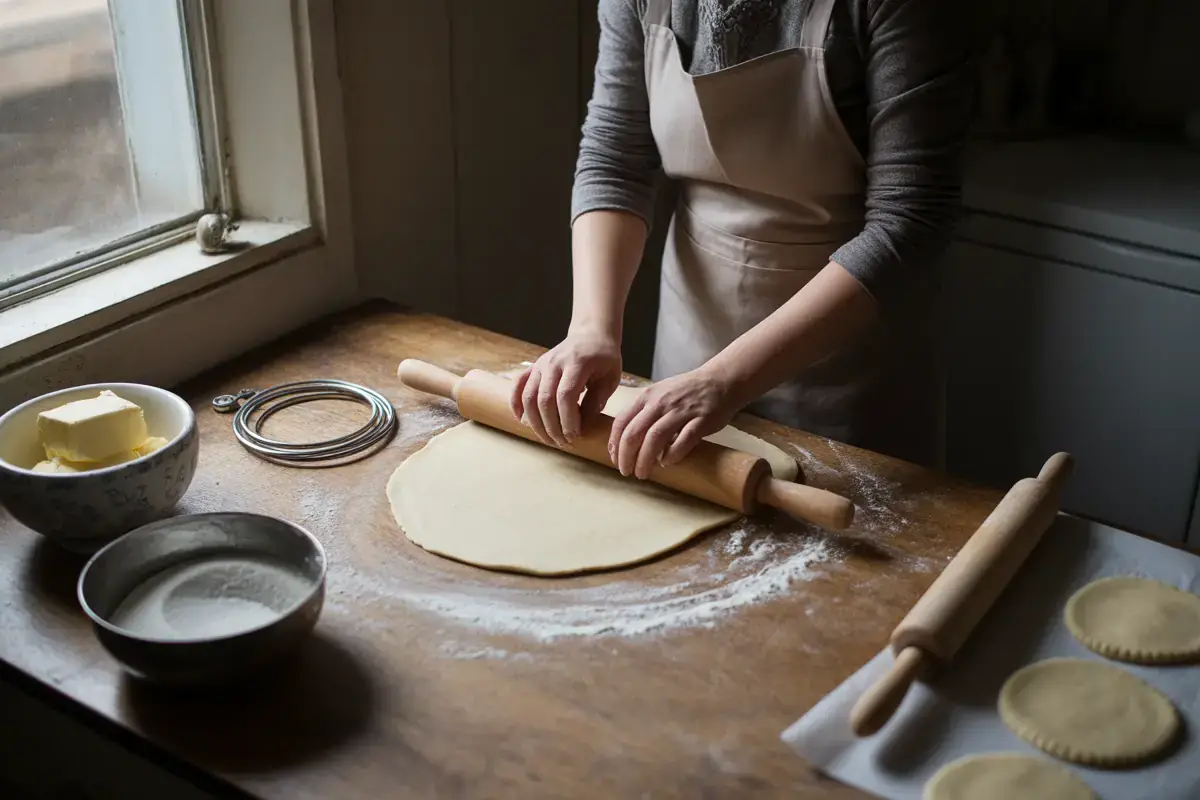 Une personne roule de la pâte sur une table en bois, entourée de beurre, sucre et cercles de pâte. Lumière douce à travers la fenêtre.
