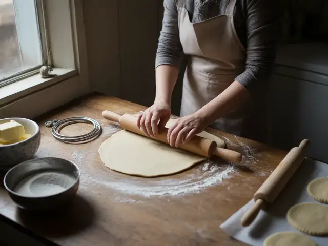Une personne roule de la pâte sur une table en bois, entourée de beurre, sucre et cercles de pâte. Lumière douce à travers la fenêtre.
