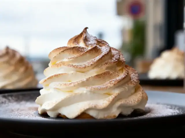 Chou à la crème chantilly sur assiette noire, décoré de sucre glace, arrière-plan flou.