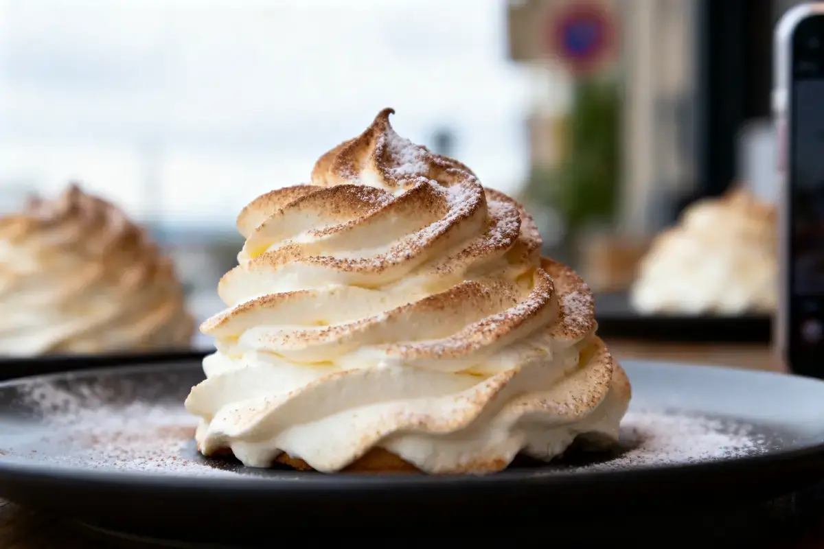 Chou à la crème chantilly sur assiette noire, décoré de sucre glace, arrière-plan flou.
