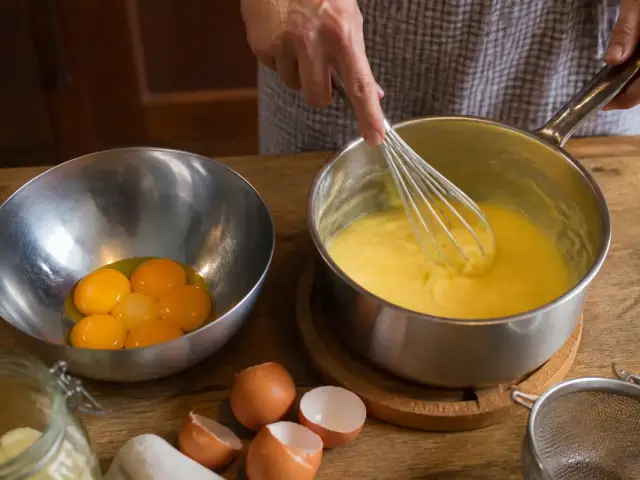 Préparation de crème pâtissière maison avec jaunes d'œufs et fouet en cuisine.