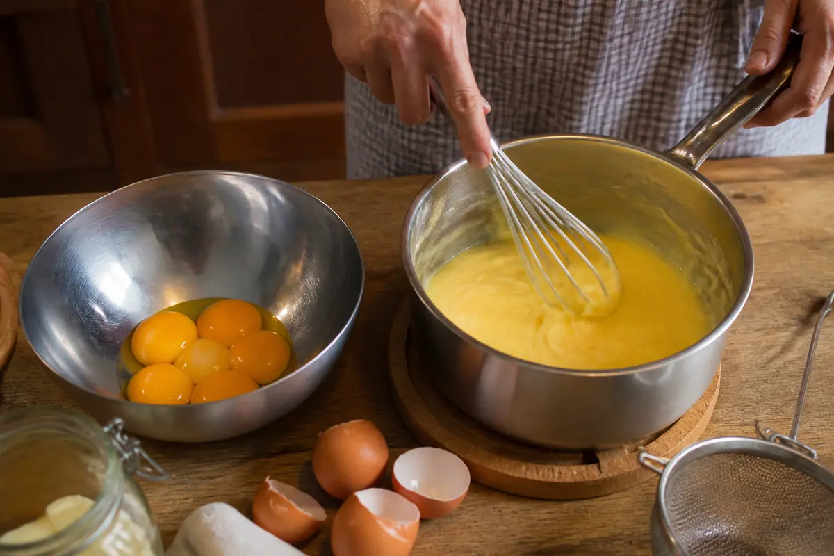 Préparation de crème pâtissière maison avec jaunes d'œufs et fouet en cuisine.