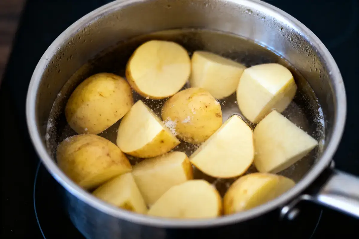 Des pommes de terre coupées en cuisson dans une casserole remplie d'eau bouillante.