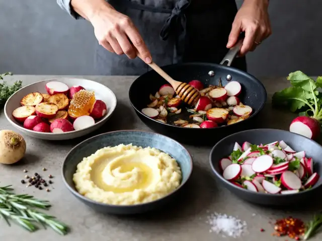 Personne préparant des navets avec miel et herbes, quatre plats sur table pour cuisiner le navet