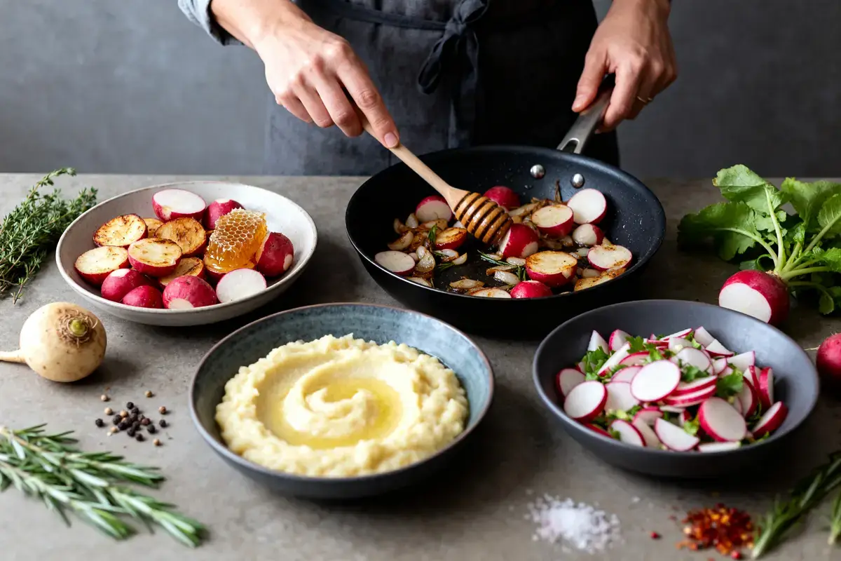 Personne préparant des navets avec miel et herbes, quatre plats sur table pour cuisiner le navet