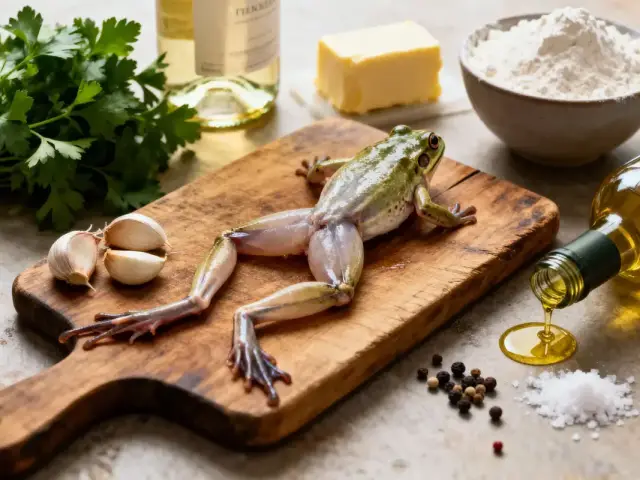 Grenouille sur planche en bois avec ail, persil, beurre, farine, vin, huile et épices. Scène de préparation culinaire.