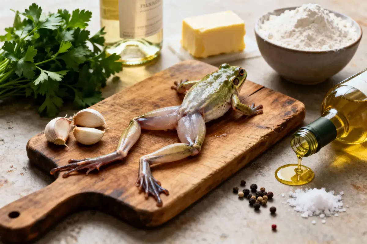 Grenouille sur planche en bois avec ail, persil, beurre, farine, vin, huile et épices. ScÚne de préparation culinaire.