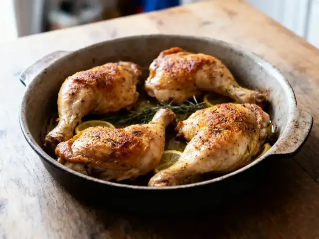Cuisses de poulet rôties, assaisonnées sur tranches de citron, romarin, dans un plat en fonte sur table bois.