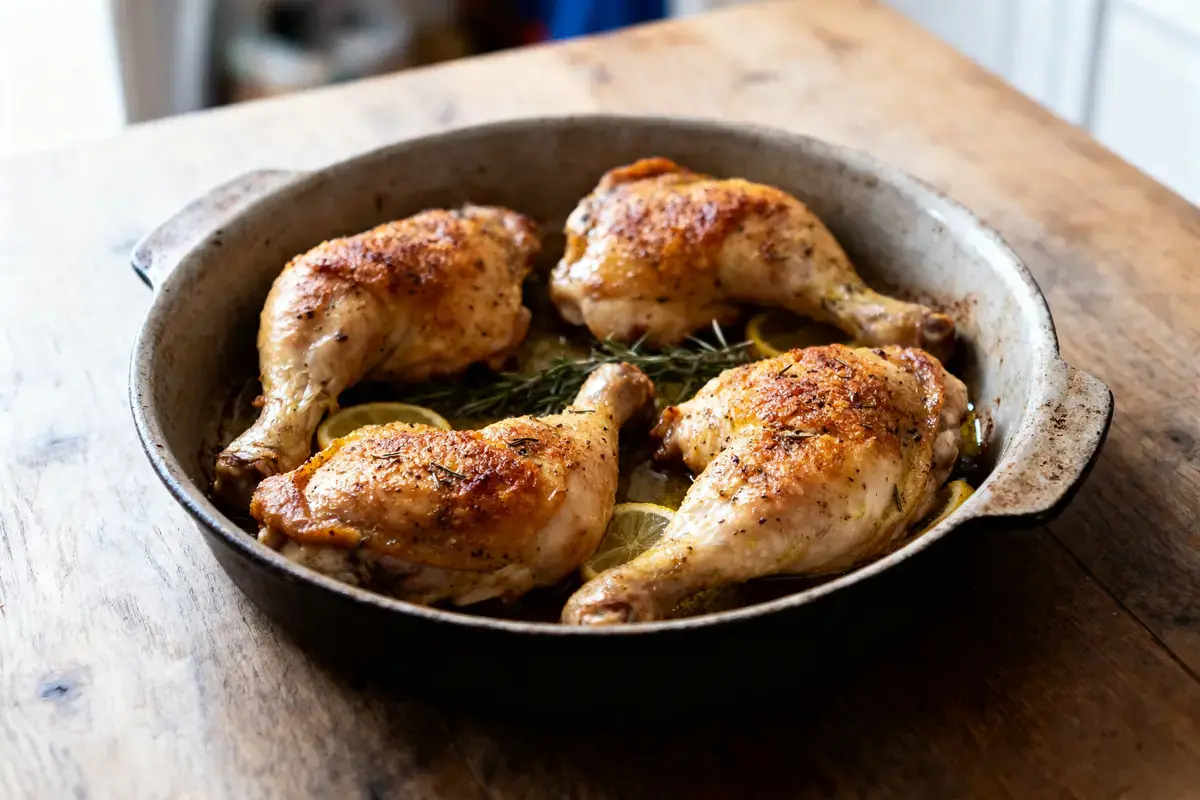 Cuisses de poulet rôties, assaisonnées sur tranches de citron, romarin, dans un plat en fonte sur table bois.
