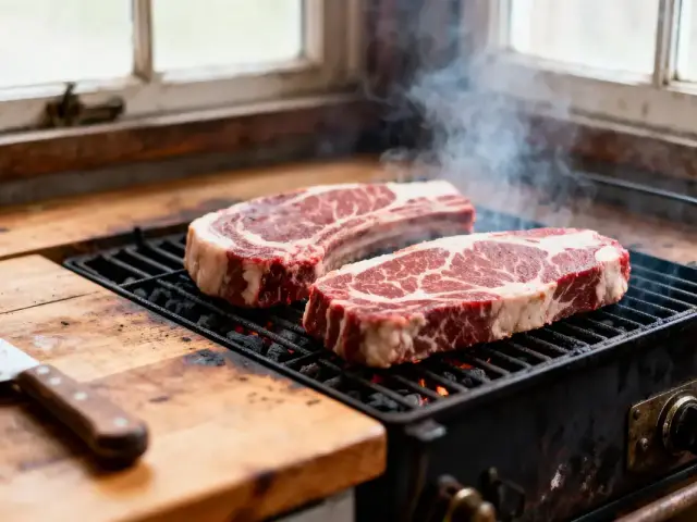 Deux steaks de bœuf grillent sur un barbecue intérieur en bois, fumée visible.
