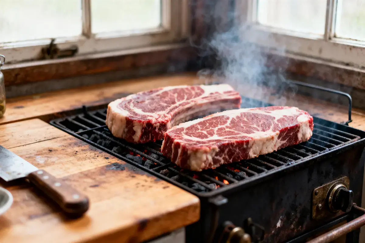 Deux steaks de bœuf grillent sur un barbecue intérieur en bois, fumée visible.