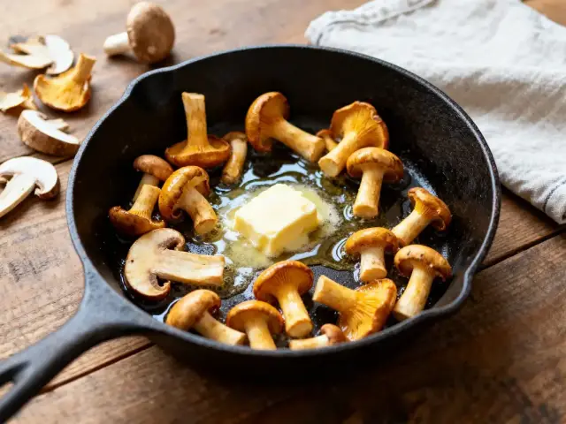 Chanterelles et beurre en train de fondre dans une poêle pour cuisson de la chanterelle