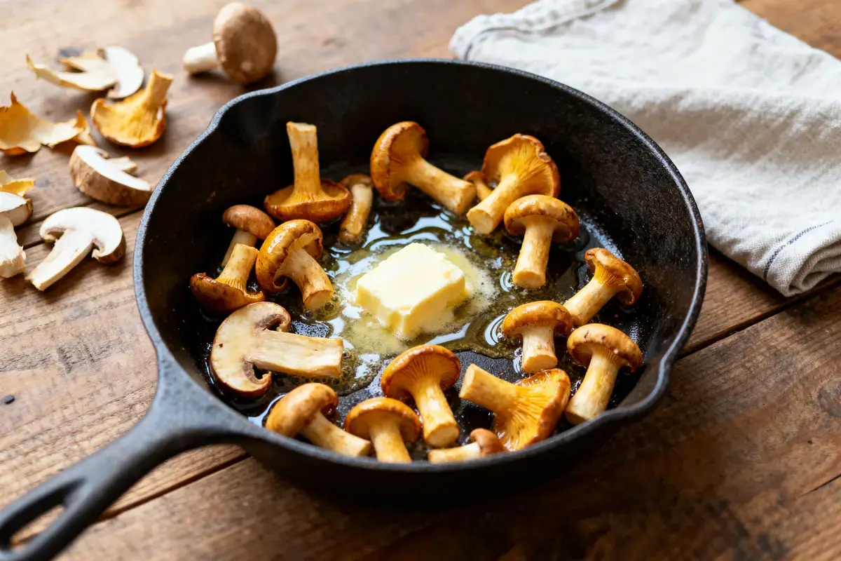 Chanterelles et beurre en train de fondre dans une poĂŞle pour cuisson de la chanterelle