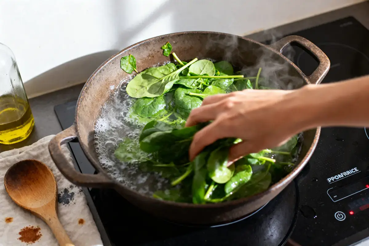 Main ajoutant des épinards frais à l'eau bouillante pour cuisson des épinards frais