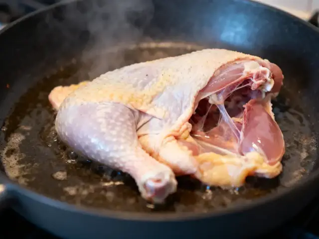 Poulet entier dans une poêle sur feu, en cours de cuisson, dégagement de vapeur visible.