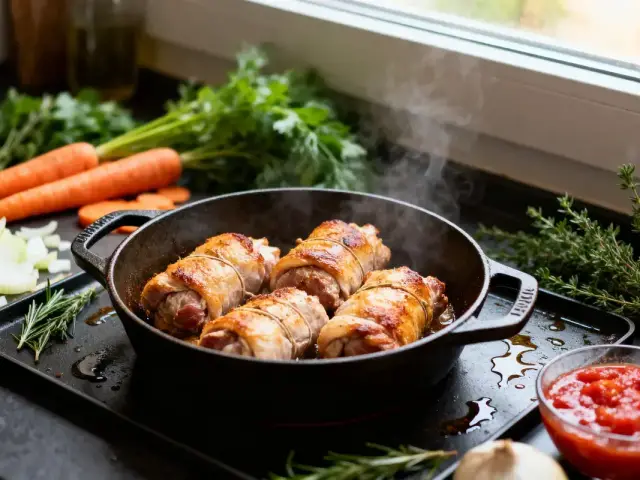 Roulés de viande cuits dans une poêle en fonte, avec légumes et herbes fraîches en arrière-plan.