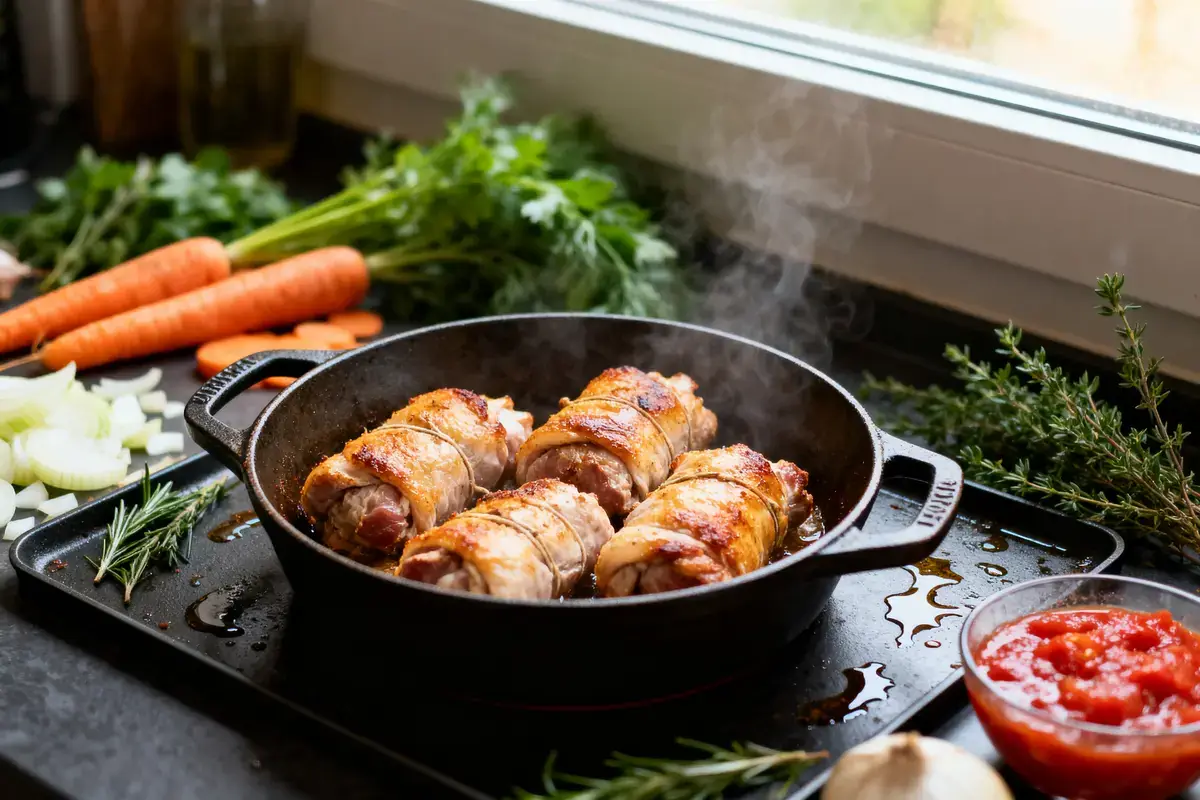 RoulĂ©s de viande cuits dans une poĂȘle en fonte, avec lĂ©gumes et herbes fraĂźches en arriĂšre-plan.