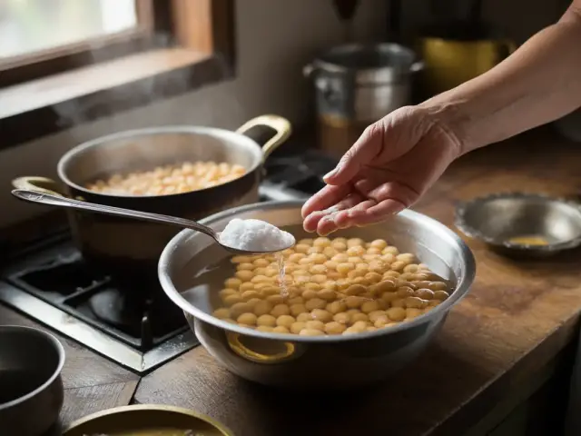 Main vers un bol d'eau avec des billes jaunes, ajoutant du sel. Deux casseroles fumantes sont en arrière-plan.