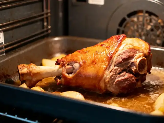 Gigot d'agneau rôti avec pommes de terre dans un four, cuisson en cours.