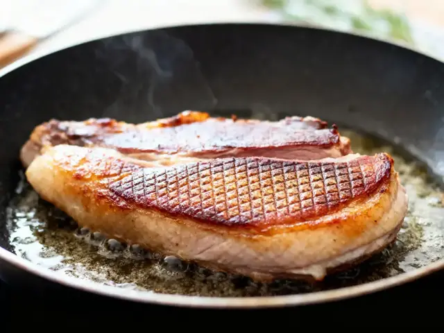 Magret de canard rôti, peau quadrillée, dans poêle chaude, légèrement fumant, juteux, à la cuisson.