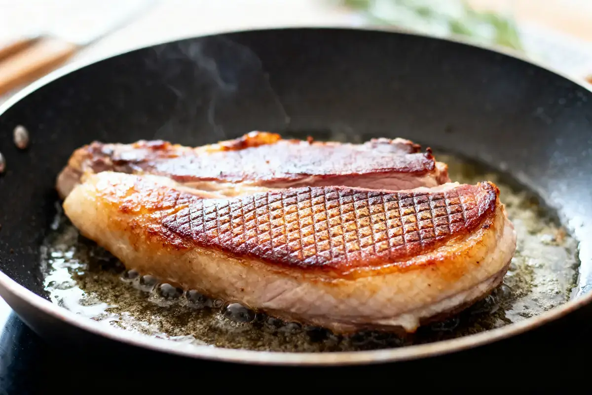 Magret de canard rôti, peau quadrillée, dans poêle chaude, légèrement fumant, juteux, à la cuisson.