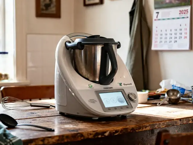Thermomix TM5 sur table cuisine avec calendrier indiquant date de sortie du nouveau Thermomix TM7