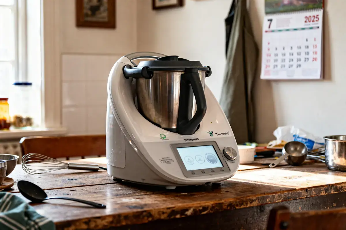 Thermomix TM5 sur table cuisine avec calendrier indiquant date de sortie du nouveau Thermomix TM7
