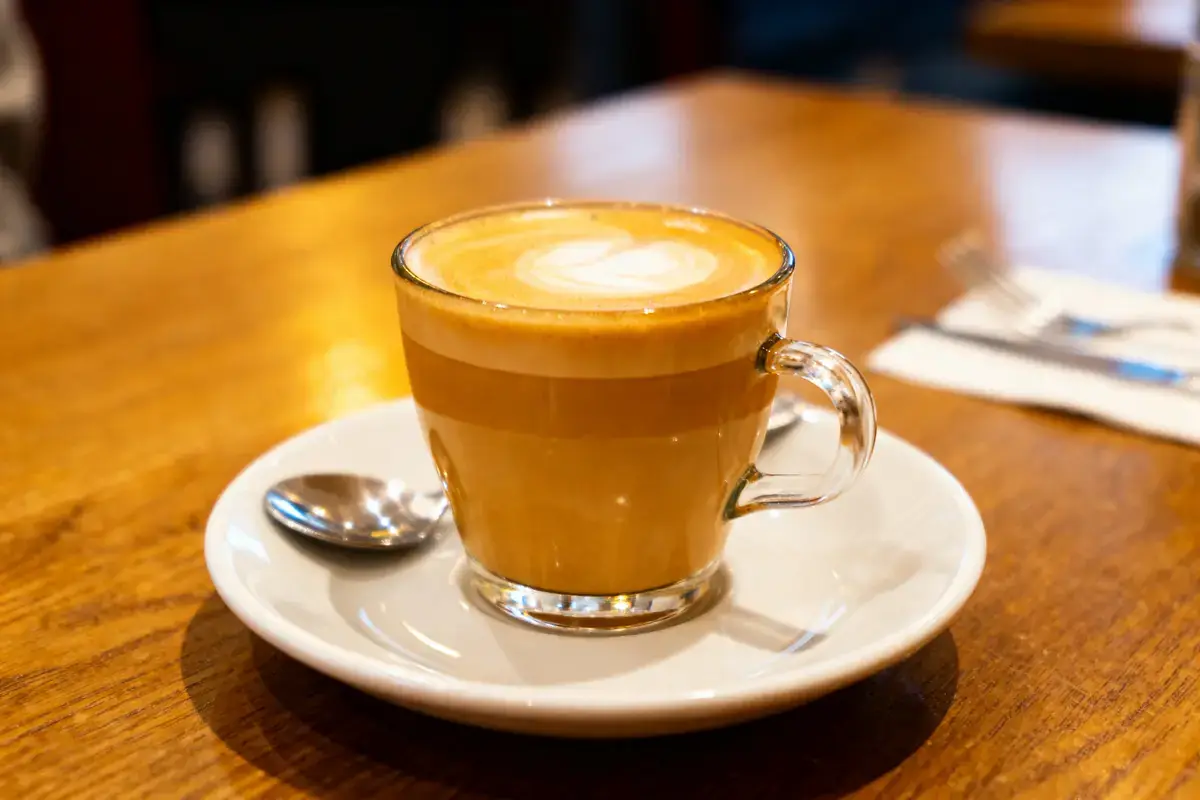 Tasse de cappuccino sur soucoupe blanche, table en bois, cuillère à côté.