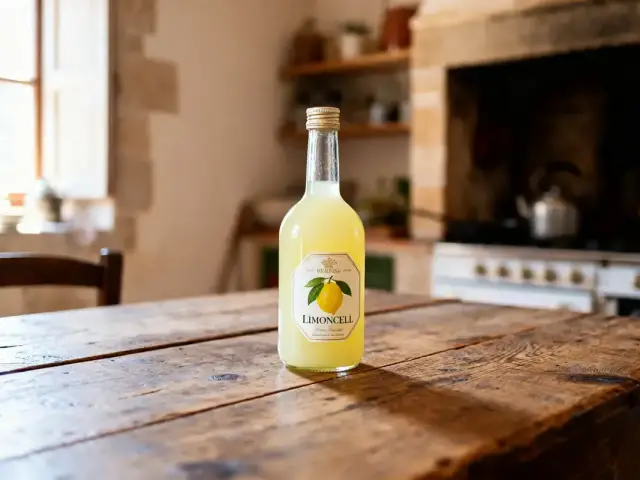 Bouteille de limoncello sur table rustique en cuisine, vérifiez le degré du limoncello.