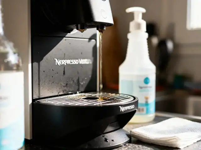 Machine à café Nespresso Vertuo en cours de nettoyage, avec bouteilles de produits d'entretien en arrière-plan.