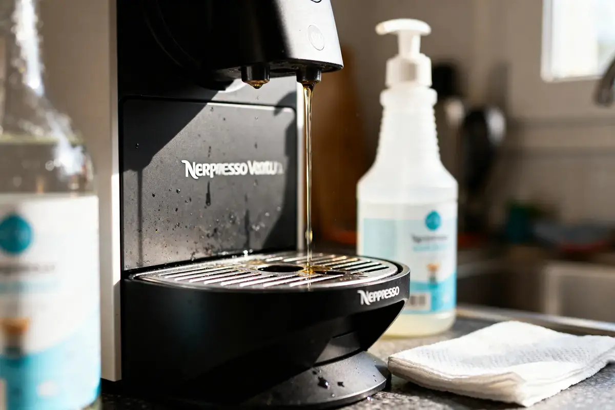 Machine à café Nespresso Vertuo en cours de nettoyage, avec bouteilles de produits d'entretien en arrière-plan.