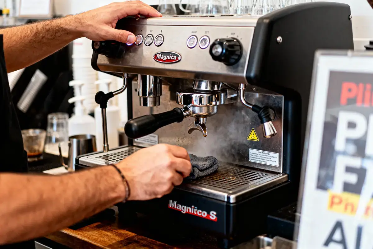 Barista nettoyant machine à café Magnifica S avec un chiffon, boutons et becs visibles, intérieur café.