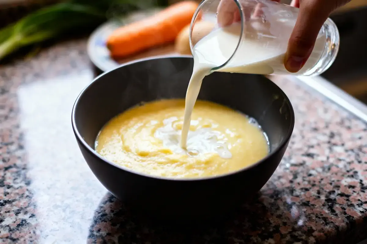 Main versant du lait dans un bol de purée de pommes de terre sur un comptoir.
