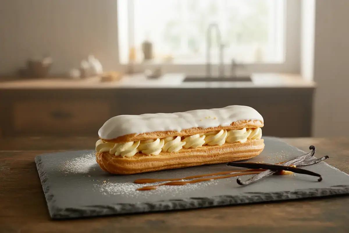 Éclair fourré à la crème vanillée, nappé de glaçage, posé sur une planche noire, avec des gousses de vanille à côté.